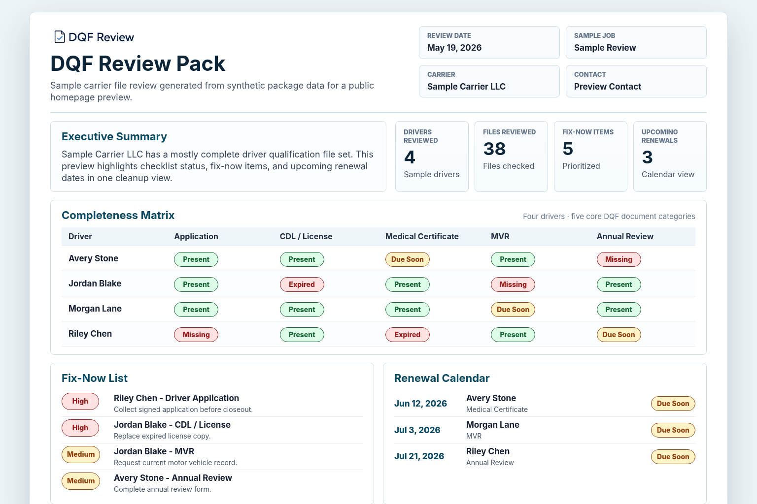 Sample DQF Review report preview showing the executive summary, completeness matrix, fix-now list, and renewal calendar.